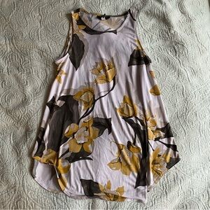 Alfani Petite Printed Handkerchief Hem Swing Top Floral Sleeveless Yellow Brown